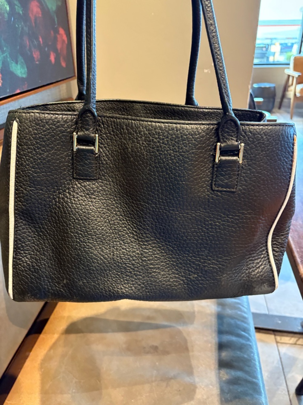 kate spade Black Pebbled Leather Shoulder Bag with White Trim - Picture 11 of 16